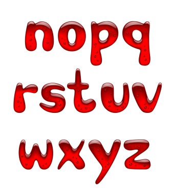 Kırmızı jel ve karamel alfabe küçük harfler üzerinde beyaz izole kümesi. Vektör çizim