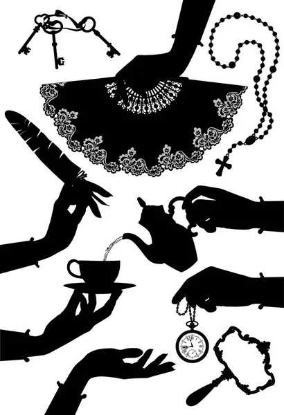 Set Black Vintage Silhouettes Woman Hands Accessories Isolated White Vector — Stock Vector