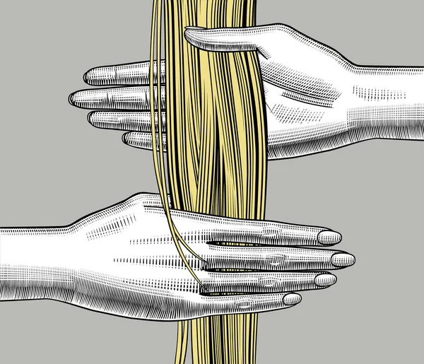 女性手捧着金色的松散的头发在手掌 复古色彩雕刻程式化绘图 矢量插图 — 图库矢量图片