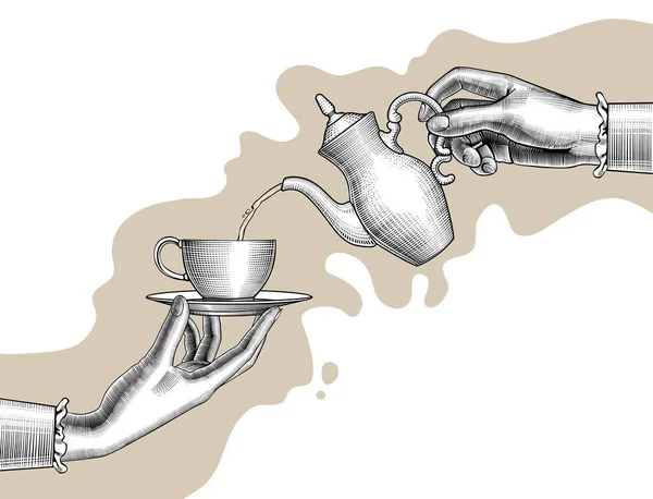 Frauenhände Mit Kaffeekanne Und Tasse Vintage Stilisierte Zeichnung Vektorillustration — Stockvektor