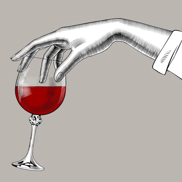 Mano Donna Che Tiene Bicchiere Con Vino Rosso Disegno Stilizzato — Vettoriale Stock