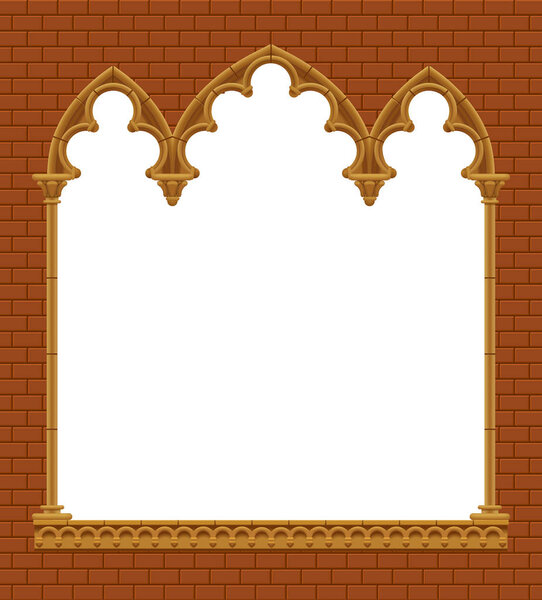 Классическая готическая архитектурная декоративная рамка на красной кирпичной стене. Элемент винтажного дизайна, шаблон обложки и плаката. Векторная миграция
