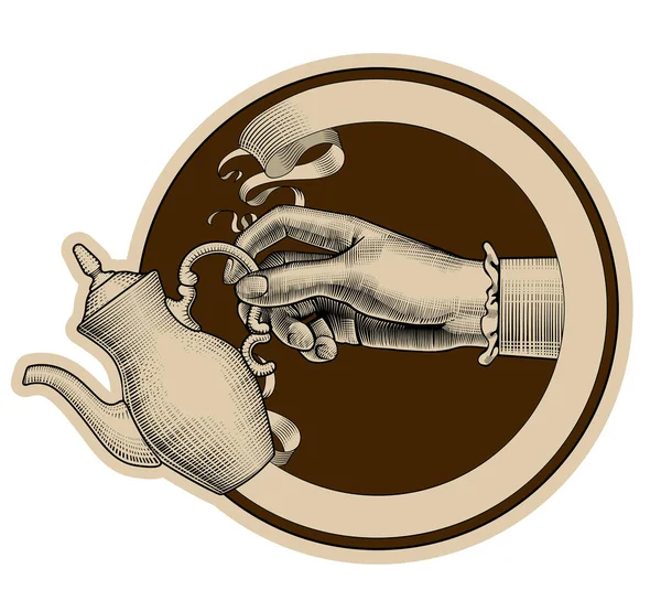Στρογγυλή Καφέ Ρετρό Ετικέτα Την Κορδέλα Και Χέρι Της Γυναίκας — Διανυσματικό Αρχείο