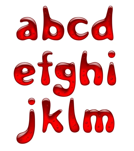 Conjunto Letras Pequeñas Gel Rojo Alfabeto Caramelo Aisladas Blanco Ilustración — Archivo Imágenes Vectoriales