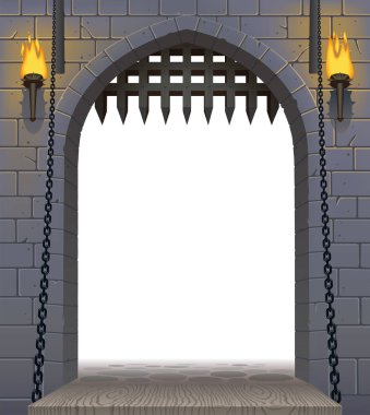 Bir asma köprü ve meşaleler ile beyaz bir diyafram ile Ortaçağ kale kapısı. Mimari vintage çerçeve. Kapak ve poster tasarım fantezi. Vektör çizim