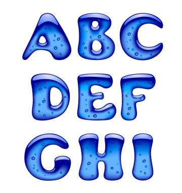 Mavi jelatin, buz ve karamel alfabe harfler üzerinde beyaz izole kümesi. Vektör çizim