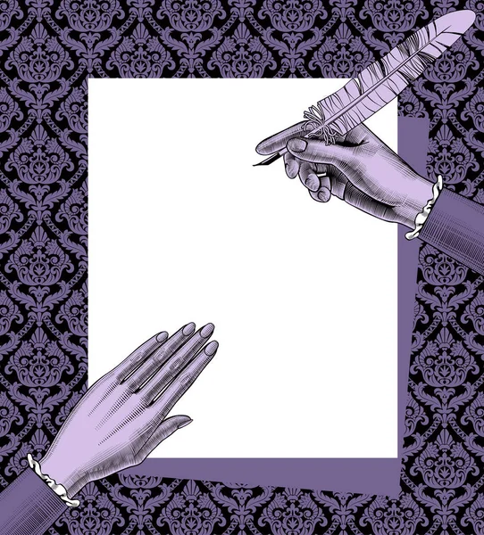 Руки Жінки Тримають Паперовий Лист Пера Декоративному Ретро Фоні Урожай — стоковий вектор