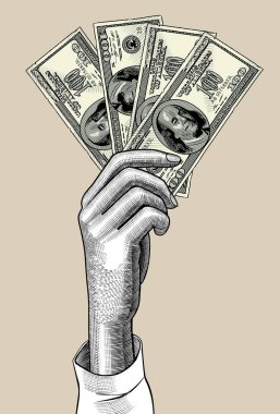 Kadının el palm aşağı 100 dolar banka notları hayranıyım. Vintage oyma çizim stilize. Vektör çizim