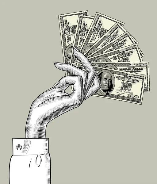 女人的手手掌向下与风扇100美元钞票 老式雕刻的程式化绘图 矢量插图 — 图库矢量图片
