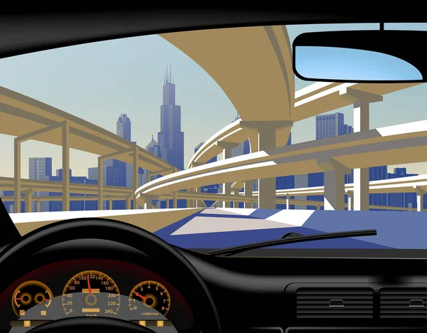 高速道路の高架と街のスカイラインを車の中からの眺め 現代の都市生活の概念ベクトル図 — ストックベクタ