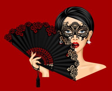 Karnaval Venedik Maske kadın ve onun elinde tutan izole kırmızı siyah vintage fan açın. Vektör çizim