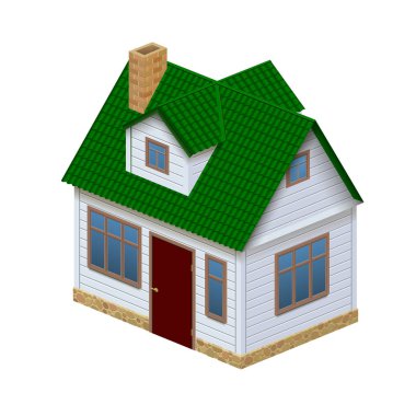 İzometrik projeksiyon yeşil çatılı beyaz gerçekçi ev. Vektör çizim
