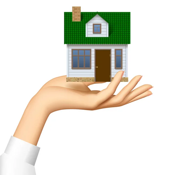 女性の手は 空気で高騰正面に緑の屋根と白の現実的な家の小さなモデルを提供しています ベクトル図 — ストックベクタ