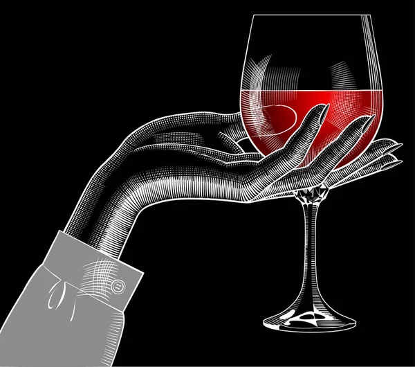女性の手のグラスに赤ワイン 白い線形ヴィンテージ黒の様式化された図面の彫刻します ベクトル図 — ストックベクタ