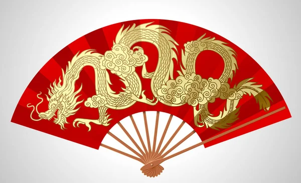 Red Chinese Fan Gold Decorative Gragon Isolated White Vector Illustration — Stock Vector