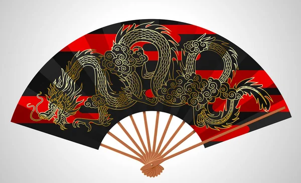 Чорний Декоративні Китайський Відкритий Вентилятор Золота Лінійних Літаючого Дракона Хмари — стоковий вектор