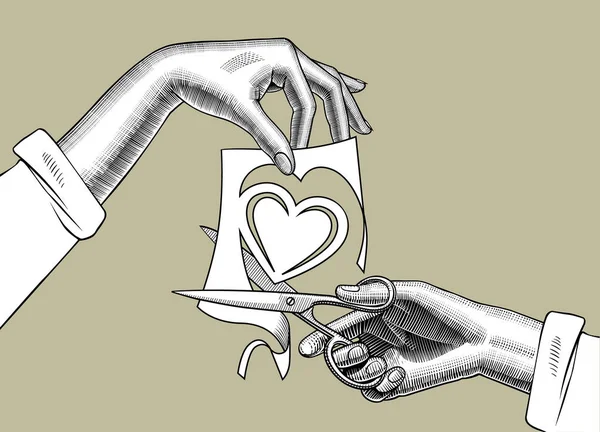 Les Mains Femme Avec Des Ciseaux Coupant Cœur Papier Gravure — Image vectorielle