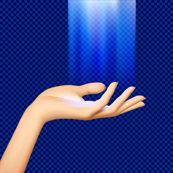 Die Handfläche Der Frau Wird Von Blauem Transparentem Licht Erleuchtet — Stockvektor