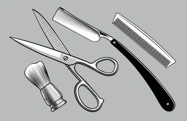 直剃刀 刷子的立场和梳子 理发店工具 复古风格的图画 矢量插图 — 图库矢量图片