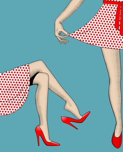 Vrouw Benen Hand Trek Rand Van Polka Dot Jurk Vintage — Stockvector