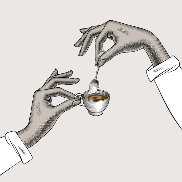 小さなコーヒー カップやティー スプーンで女性の手 ヴィンテージには 図面が様式化されました ベクトル図 — ストックベクタ