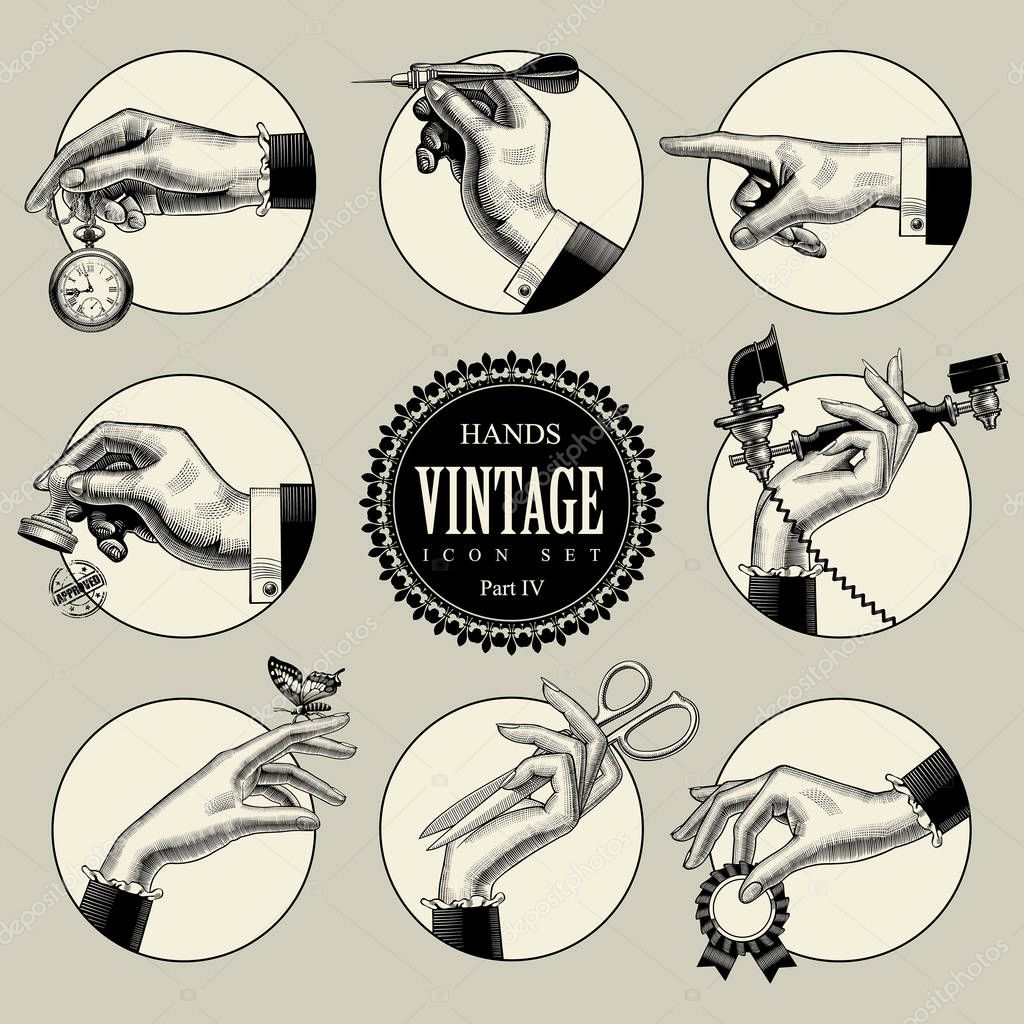 Set of round icons in vintage engraving style with hands and accessories. Retro business icons. Vector illustration