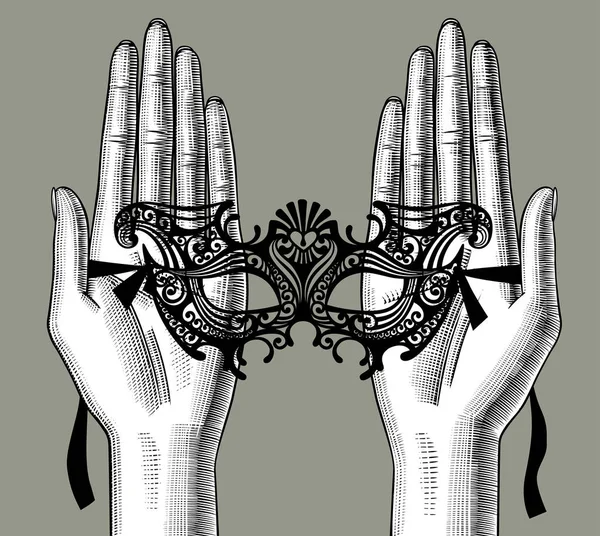 女性手掌与装饰嘉年华威尼斯面具 老式雕刻的程式化绘图 矢量插图 — 图库矢量图片