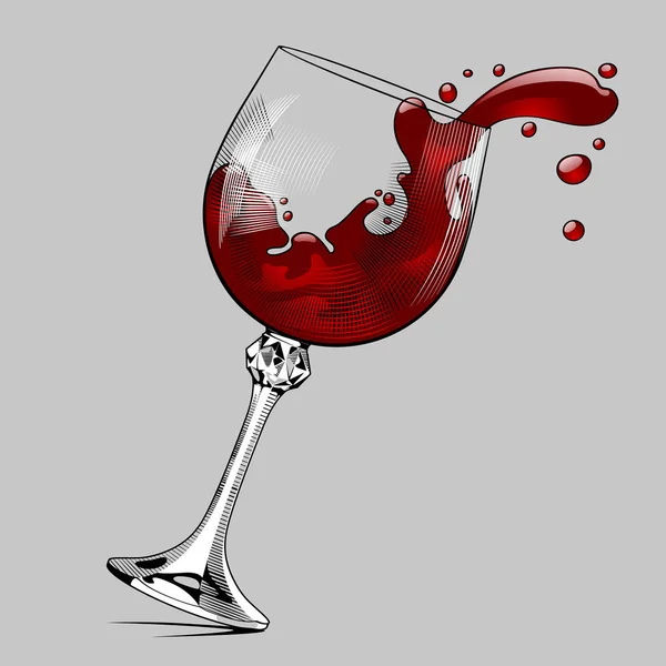 Fallendes Glas Mit Spritzigem Rotwein Vintage Stich Stilisierte Zeichnung Vektorillustration — Stockvektor