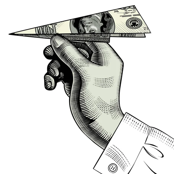 ドル紙幣から作られた紙飛行機の手 定型化された図面の彫刻のヴィンテージ ベクトル図 — ストックベクタ