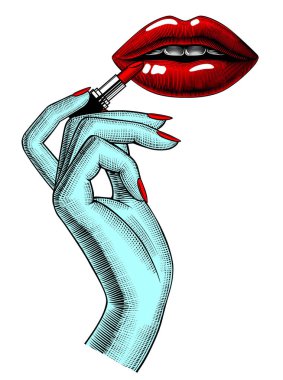 Kadın kırmızı seksi dudaklar ve el ile üzerine beyaz izole bir ruj. Vintage renkli oyma çizim stilize. Vektör çizim