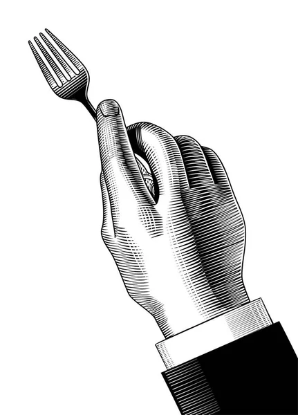 Hand Met Een Vork Vintage Gravure Gestileerde Tekening Vectorillustratie — Stockvector