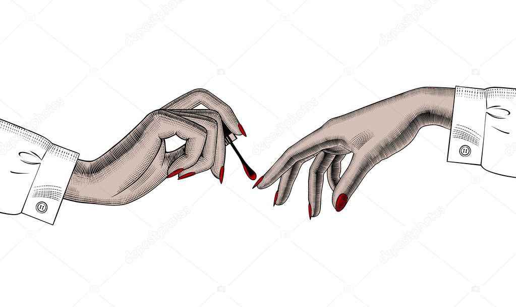 Female hand paints fingernails on the other woman isolated on white. Manicure vintage colored engraving stylized drawing. Vector illustration