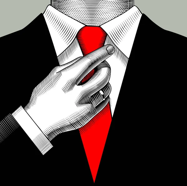 Un homme en costume d'affaires ajustant sa main avec une cravate rouge . — Image vectorielle