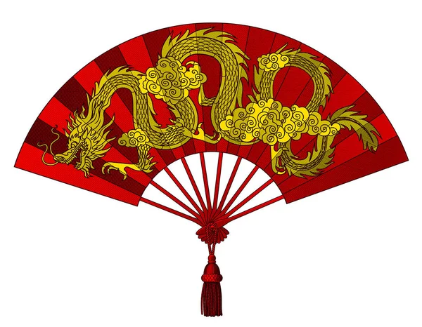 Chinese fan with decorative gragon isolated on white — Stock Vector