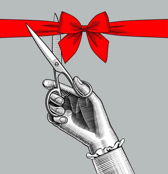Рука жінки, що ріже ножицями червону стрічку з бантом . — стоковий вектор
