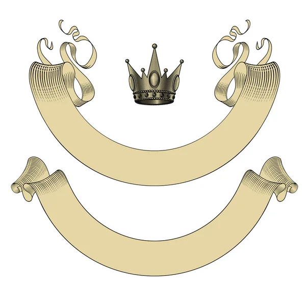Набір вінтажних стрічок з короною в стилі гравірування — стоковий вектор