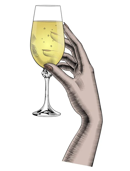 Woman's hand holding a glass with champagne wine — Stock Vector