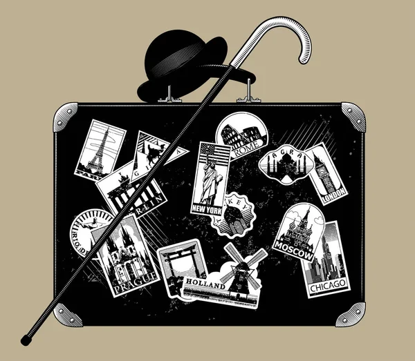 Stary czarny walizka z chodzeniem, kapelusz Bowler i laboratorium podróży — Wektor stockowy