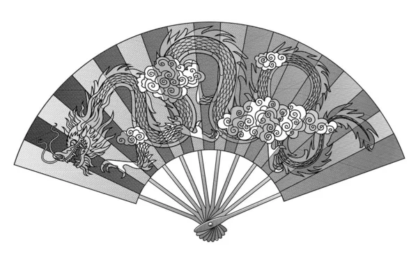中国风扇与装饰格拉贡隔离在白色 — 图库矢量图片