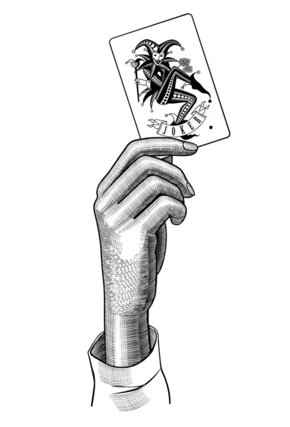 Mão feminina segurando Joker jogando cartão — Vetor de Stock