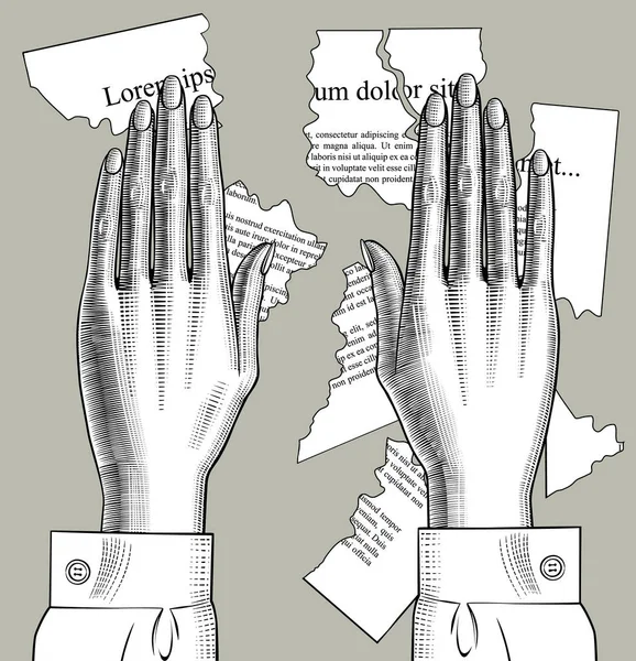 Las palmas de las manos femeninas unen partes de pedazos de papel desgarrados con tex — Archivo Imágenes Vectoriales