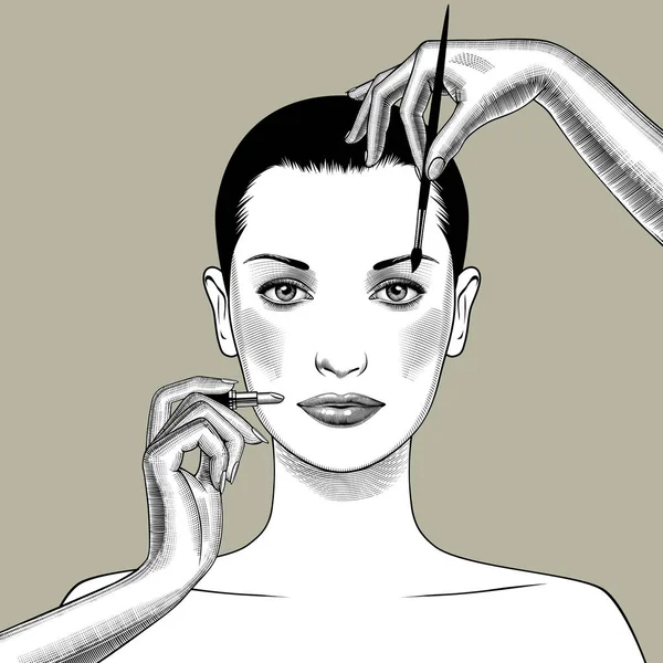 Les mains féminines avec un rouge à lèvres et une brosse composent un visage de femme — Image vectorielle