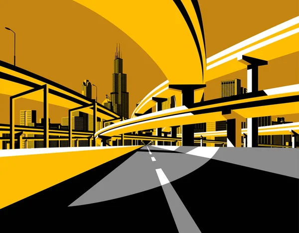 Superstrada strada strada e skyline della città in stile piatto — Vettoriale Stock