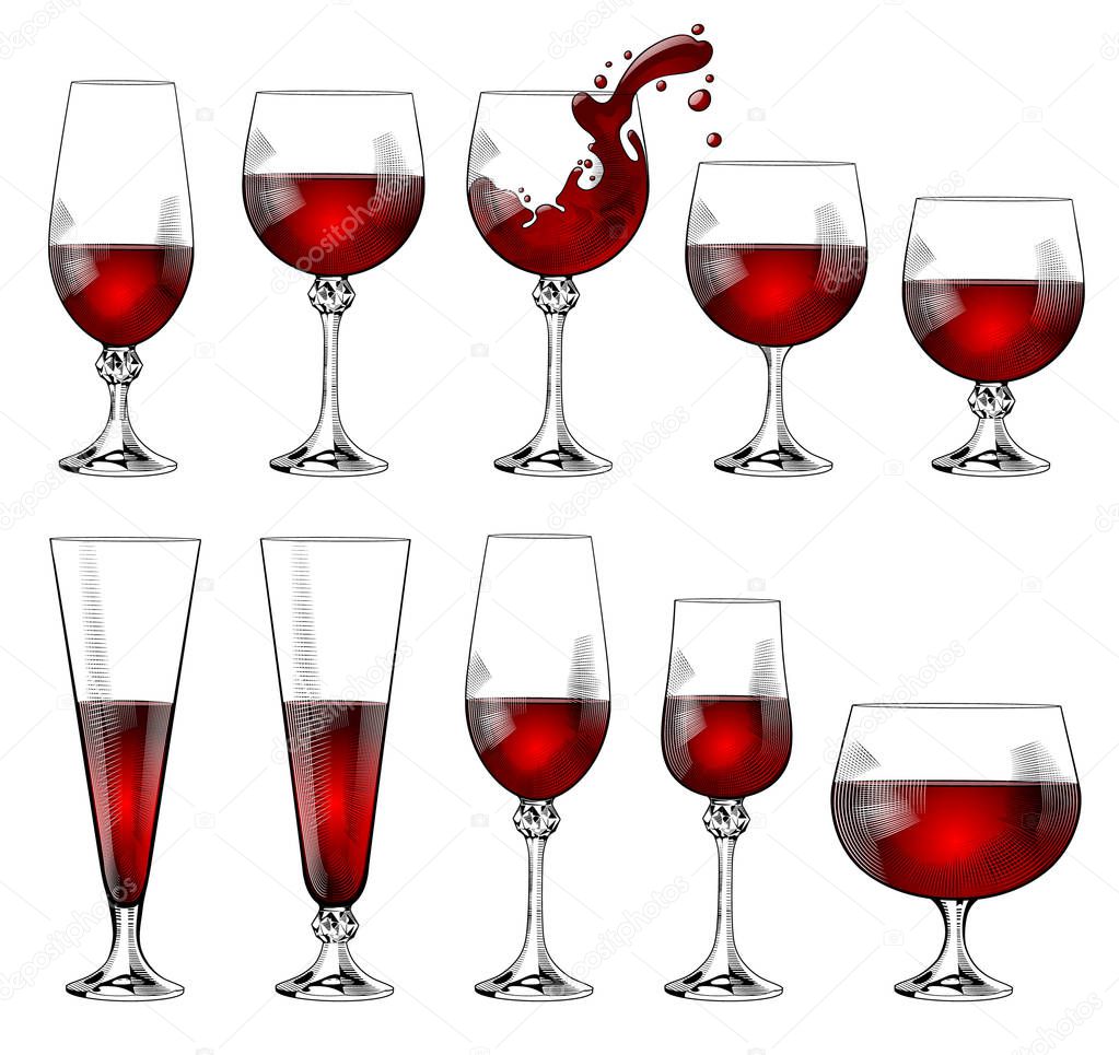 Set of wineglasses of different sizes and shapes with red wine. Vintage engraving stylized drawing isolated on white. Vector illustration