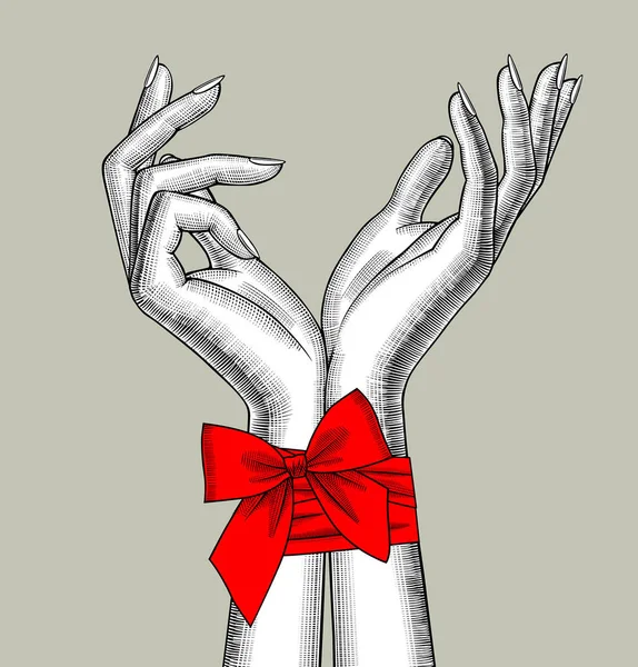 Par de manos femeninas atadas por una cinta roja con un lazo — Vector de stock