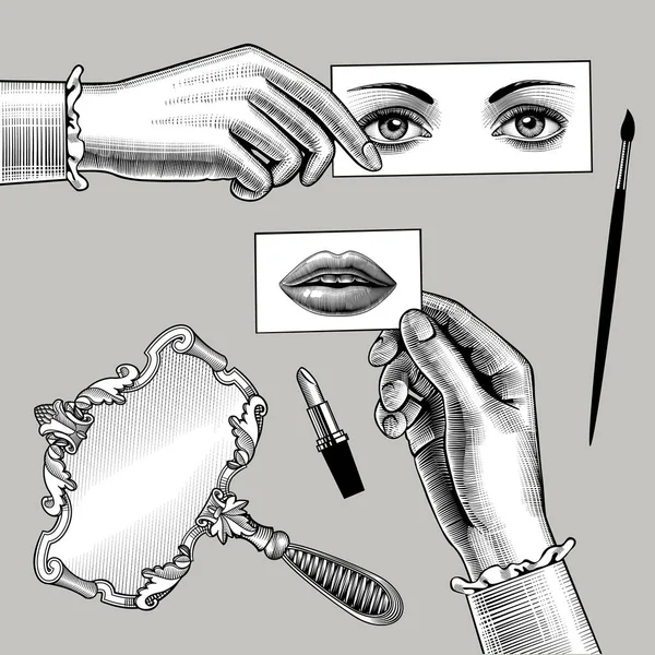 Female hands, eyes, lips and accessory drawing in vintage engrav — Stock Vector