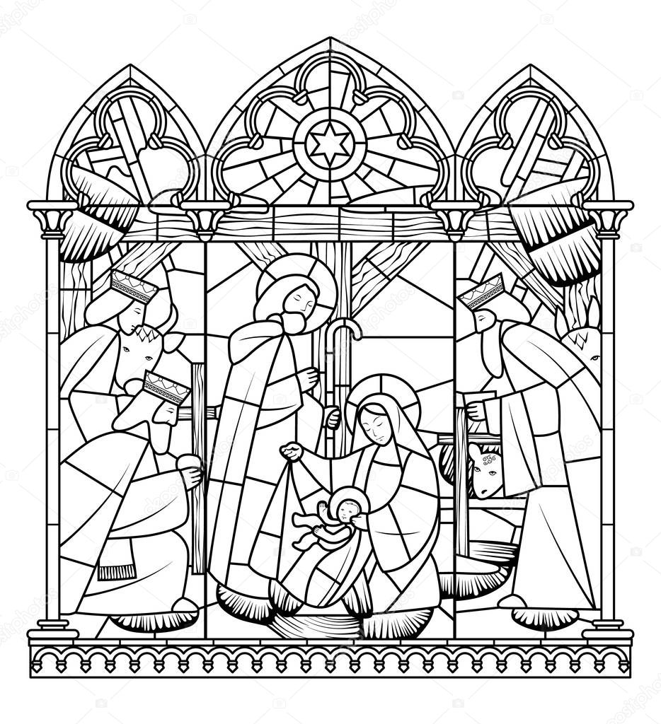 Linear drawing of Birth of Jesus Christ scene in gothic frame