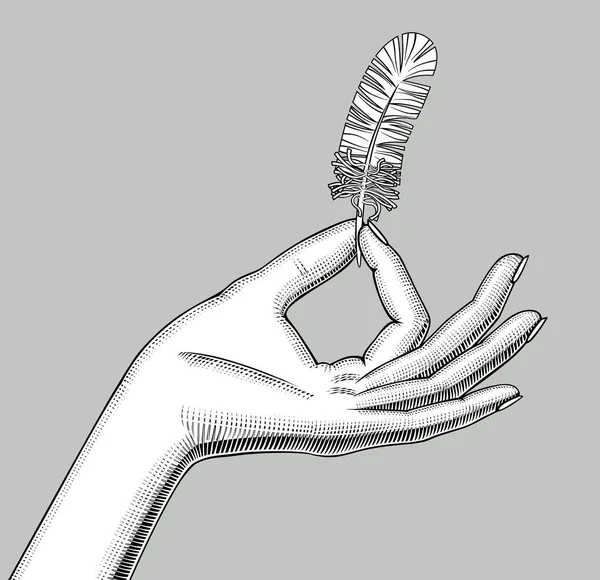 Kobieta ręka z piórkiem w palce — Wektor stockowy