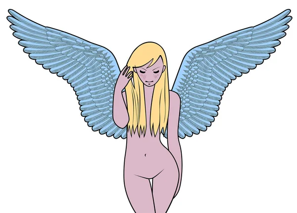 ブロンドの髪青い羽の勝利を持つ立っているヌード若い妖精の女の子 — ストックベクタ