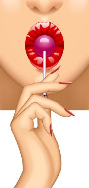 Kadının kırmızı dudakları elinde pembe lolipopu emiyor.